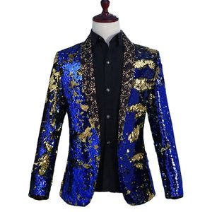 Shiny Gold Silver Sequins Bar Glitter Blazer Mens Shawl Collar Tuxedo Suit Jackets Male Wedding Groom Prom Party Singer Host Stage Costume