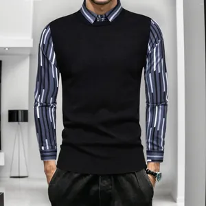 Suéter masculino outono e inverno britânico slim top blusa listrada camisa de duas peças suéter bonito moda gola bodysuit