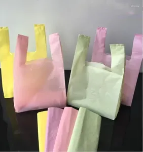 Confezione regalo Busta di plastica portatile 50 pezzi Confezioni per torte Sacchetti per imballaggio da asporto colorati con manico Fornitura del supermercato