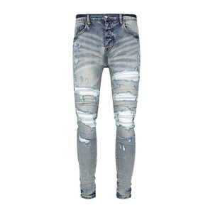 디자이너 Amirssamirca High Street Trendy Blue 고민 흰색 디자인 Slim Fit Jeans