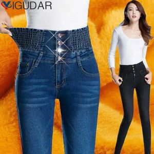 Kadın Kotları Kış Kalın Velvet Kadın Yüksek Bel Sıska Basit Fleece Sıcak İnce Fit Streç bayanlar Sıradan Denim Pencil Pants 231206