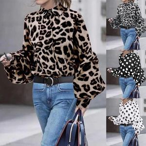 Camicette da donna Top con stampa leopardata allentata Cuttyful per donna Camicia a maniche lunghe a sbuffo a pois bianchi marroni Colletto rovesciato Camicetta casual