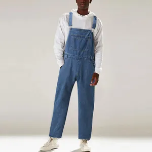 Men's Pants Cargo Jumpsuit Jeans Straight Waist Button Washed Casual Men Solid Adjustable Straps Workwear Overalls