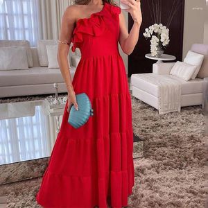 Casual Dresses Sexig Ruffled One Shoulder Long Dress Women Elegant Pleat Solid Color Party Fashion Hleeveless Swing Bohemian Beach