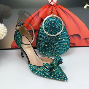 Kleid Schuhe Luxus Kristall Braut Hochzeit und Tasche Frau Party Abend Dünne Ferse Hohe Pumps Flache Fliege Teal BlueCrystal Schuh