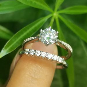 Wedding Rings 2 Pcs 1 Ct Round Brilliant Diamond Engagement Band Ring Sterling Silver Bridal Jewelry Set 231207