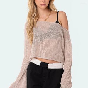 Women's Sweaters Women Knitted Crop Tops See-Through Long Sleeve Knitwear Loose Off-Shoulder Shirt Streetwear Clubwear