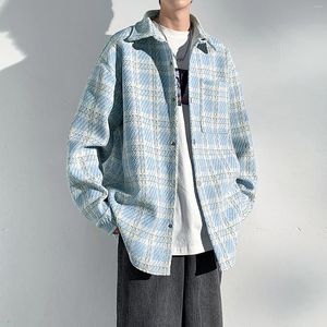 Men's Casual Shirts Man's Autumn And Winter Shacket Wool Lapel Coat Long Sleeve Plaid Dye Printed Pocket Jacket Male Loose Blue Mens