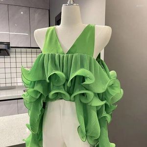 Bluzki damskie 2023 Spring Lato Lato Long Rleeve Off Rame Warstered Ruffle Chifon Blouse Shirt Elegancka High Street V Neck Top dla kobiet