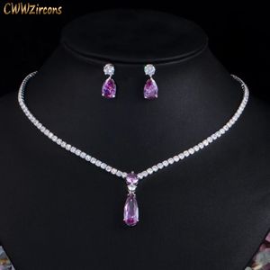 Zestawy biżuterii ślubnej Cwwzircons TOP Red Purple Cubic Zirconia Water Drop Fashion Women Impreza Zestaw zaręczynowy na prezent druhny T525 231207