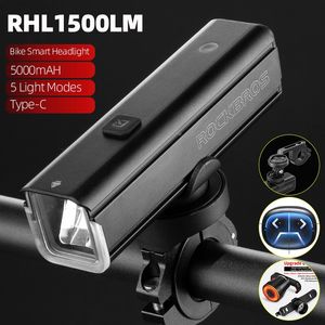 Cykelbelysning Rockbros Front Light 1500lm 5000mah Battery Bicycle Aluminium Smart Sense LED Lamp ficklampa Cykel strålkastare 231206