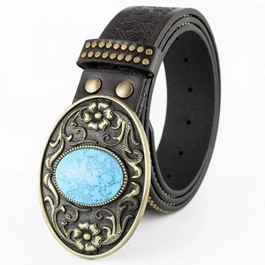 Belts Fashion Women Belt Bohemian Style Turquoise Big Gemstone Bead Metal Buckle Floral Decoration Jeans Waistband Lady Gift