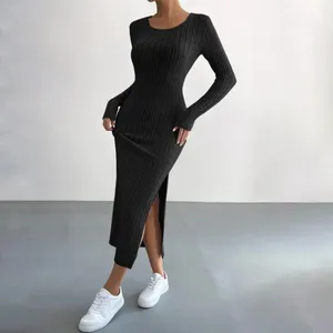 Casual Dresses Fall Winter Women Dress Split Hem Slim Fit Skinny Long Sleeve Striped Sticked Tight Mido Mid-Calf Length Lady Midi