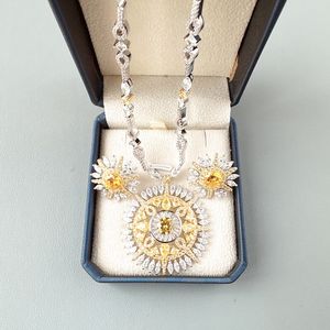 Designer Collection Fashion Style Earrings Necklace Women Lady Inlay Full Diamond Yellow Cubic Zircon Sunflower Pendant Plated Gold Evening Party Jewelry Sets