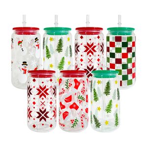 Padrão de impressão de férias de Natal 16 onças com alto teor de borosilicato Impressão de Natal em 3D latas de vidro Mason impressas