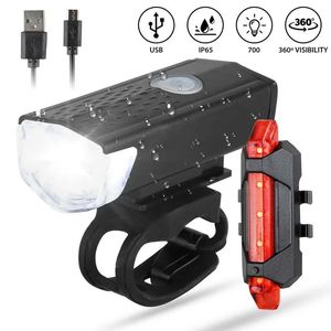 Cykelbelysning MTB fram bakre cykeluppsättning Mountain Night Cycling strålkastare USB LED Safety Varning TAILLTITER ACCCISTORES 231206