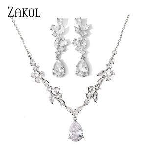 Conjuntos de jóias de casamento ZAKOL CuteRomantic Water Drop Leaf Cubic Zirconia Brincos Colar Noivado para Mulheres SP3399 231207