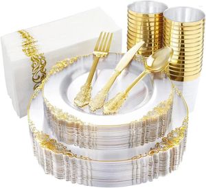 Conjuntos de louça vendendo pratos de jantar de plástico descartáveis com borda de prata/ouro/ouro rosa para casamento/festa