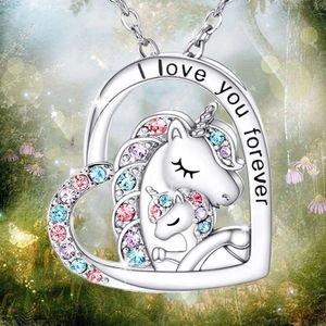 Decor Colorful Rhinestone Unicorn Pattern Heart Shape Pendant Necklace Birthday Holiday Gift