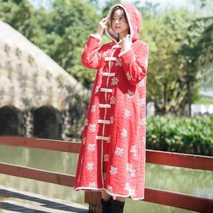 Women's Trench Coats Chinese Style Stand Collar Winter Coat Woman 2023 Fashion Flower Printed Cotton Loose Female National Big Size 4452