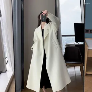 Women's Trench Coats White Coat Autumn And Winter Fashion Temperament Mid Length Lapel Casual Loose Straight Windbreaker