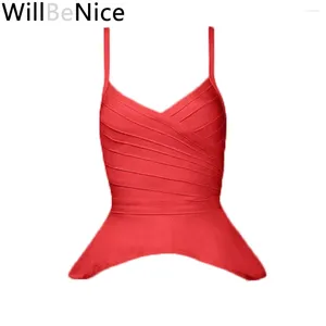 Tanques femininos WillBeNice 2023 Atacado Sexy Vermelho Mulheres Bodycon Ruffle V Neck Bandage Top