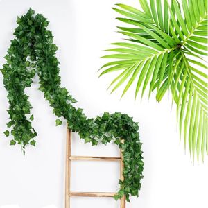 Dekorativa blommor 1 st/2 st 210 cm grönt siden konstgjorda hängande vinrankor blad växter för diy trädgård bröllop hem fest badrum dekor