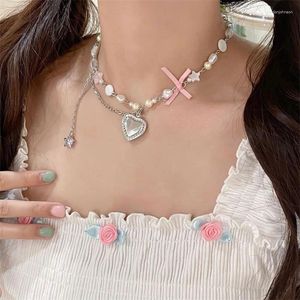 Anhänger Halsketten Koreanische Mode Kreative Herz Pentagramm Zirkon Perlen Halskette Süße Coole Einfache Ästhetik Persönlichkeit Trendy Schlüsselbein