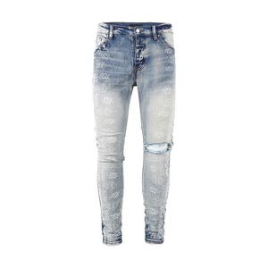 designer amirssTide Jeans skinny slim fit con fiori di anacardi, marca Wash Water, azzurro, con foro tagliato a coltello, per uomo e donna