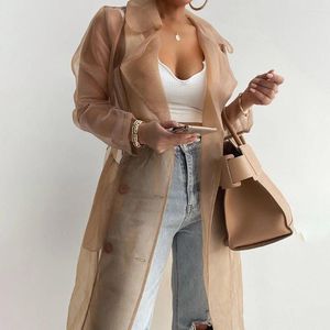 Felpe con cappuccio da uomo 2023 Moda donna Vedi attraverso Top da esterno Lace Up Spring Solid Sheer Mesh Manica lunga Cappotto abbottonato con cintura Camicie eleganti