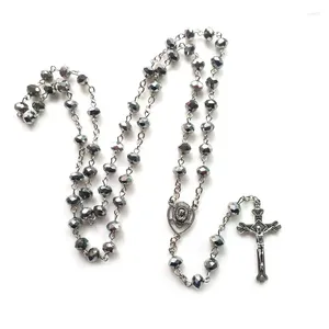 Hänghalsband qigo grå kristall radband halsband lång vintage kors katolik för kvinnor män religiösa paryer smycken