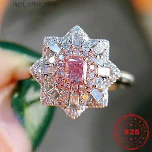 Solitaire Ring HOYON Inlaid Natural Agail Pink Diamond style Ring Luxury Inlaid Diamond style Princess Ring S925 Silver color Jewelry YQ231207