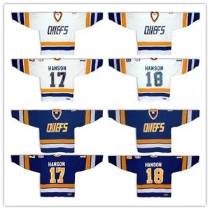 Mens Womens Juventude Hanson Brothers Charlestown Chiefs 17 Steve Hanson 18 Jeff Hanson Hóquei Jersey Azul Branco Slap Shot Filme Tamanho S-5XL