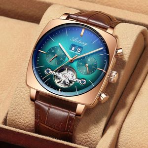 Orologio meccanico svizzero di fascia alta bello completamente automatico per uomo quadrato, tendenza semplice e alla moda, pelle impermeabile luminosa