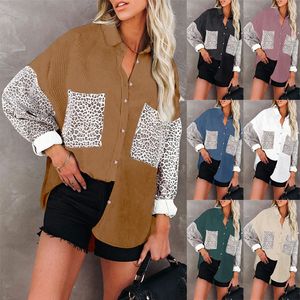 Plus Größe Frauen Shirt Tops Mode Langarm Revers Tasten Leopard Print Patchwork Tasche High Street Lose Hemd Bluse