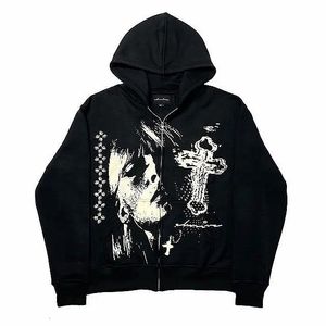 Erkek Hoodies Sweatshirts Siyah gevşek fermuarlı hoodie erkekler Amerikan çapraz kafa baskı sokak harajuku büyük boy sweatshirt y2k punk japon çift ceket 231206