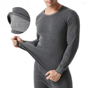 Men's Thermal Underwear 2 Pcs/Set Winter Men Set Round Neck Long Sleeve Thick Pure Color Slim Fit Elastic Pajamas Homewear