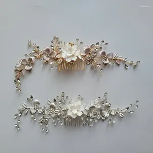 Hair Clips SLBRIDAL Handmade Ins Style Ceramic Flower Leaf Rhinestones Pearl Bridal Comb Wedding Headband Accessory Women Jewelry