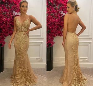 Stylish Gold Lace Women Evening Dresses Spaghetti Straps Sexy Open Back Special Occasion Prom Gowns Floor Length Red Gala Long Mermaid Formal Party Wear CL3010