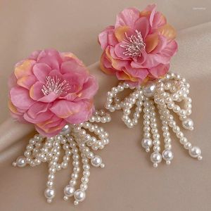 Dangle Earrings Pink Yellow Flower Bow Pearl Stud Fashion Vintage Dinner Party Women's Gift For Lovers