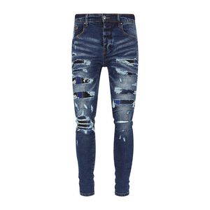 Designer Amirssnew Blue Hole Collated Leather Fashion Mens Jeans