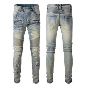 Mäns jeans bär och tårar tiggare flera fickor, smal passform, elastisk, trendig snitt, motorcykel high street