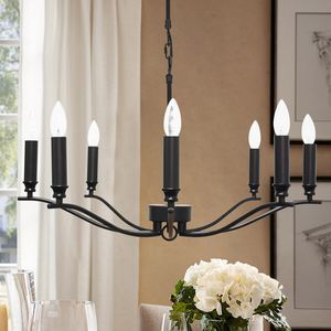 Lustre preto com 8 luzes, luminárias de fazenda para sala de jantar, lustres suspensos de velas de ferro industrial para corredor, sala de estar, escritório, bar, luzes da ilha