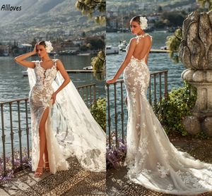 Abiti da sposa romantici a sirena in pizzo tulle sexy spacco laterale senza schienale Bohemian Country Beach Abiti da sposa vintage lunghi a coda di pesce sposa abiti da sposa CL3007