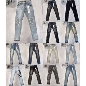 Mäns jeans designer jeans för herrbyxor lila lila mens trender nödställda svart rippade cyklister smal fit motorcykel staplade män baggy hål