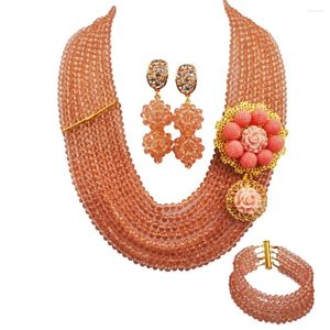 Necklace Earrings Set Peach Costume Jewelry Statement African Beads Crystal