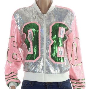 Женская куртка из искусственной кожи 2023, модная греческая цифра, розовая, зеленая, 08, куртка с пайетками, вечернее пальто для академии, 231206