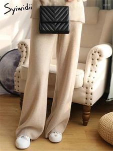 Kvinnor byxor Syiwidii ​​kashmir stickade kvinnor Autumn Winter 2023 Fashion Loose Wide Leg Casual Drawstring Straight Wool