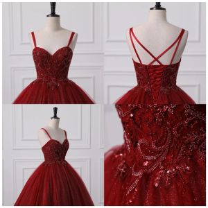 Glänzendes Burgunderrotes Ballkleid Quinceanera-Kleider, sexy Spaghettiträger, rückenfrei, Pailletten, Applikationen, Abschlussball-Abendkleider für Teenager, BM3505 127