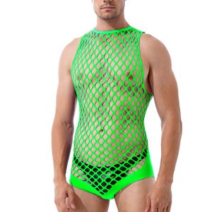 Maschio Sexy Lingerie Uomo S Body a rete Scava fuori la biancheria intima Maglia senza maniche Fasciatura Tuta Guy Erotic Party Night Club Wear